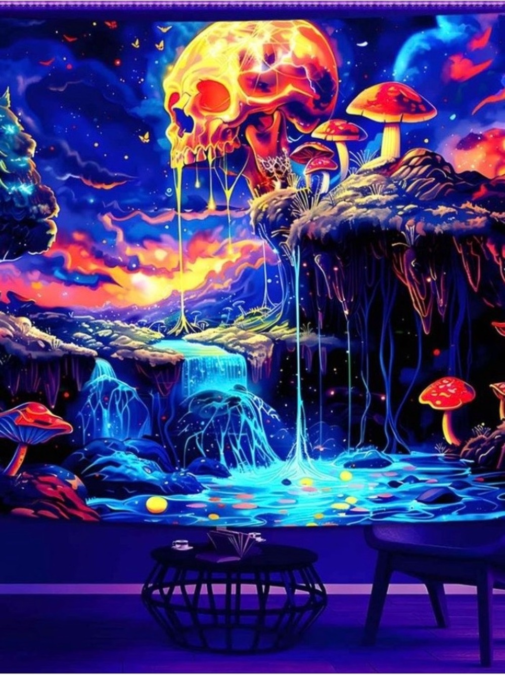 Neon Psychedelic Skull & Mushroom Tapestry - Multicolor